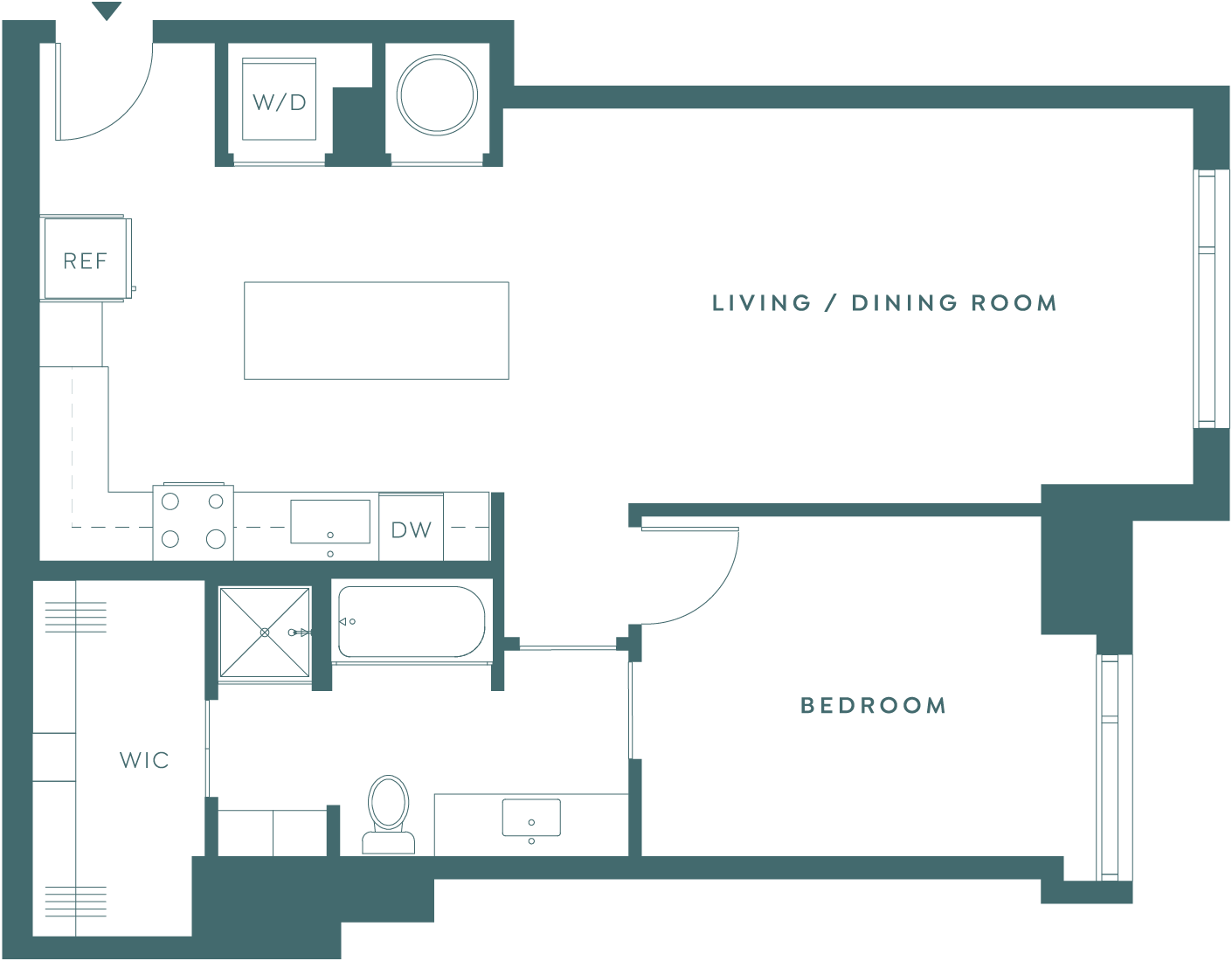 Odeon Grand 1 spacious open 1 bedroom, 1 bath open floorplan. Large kitchen and walk-in closet.