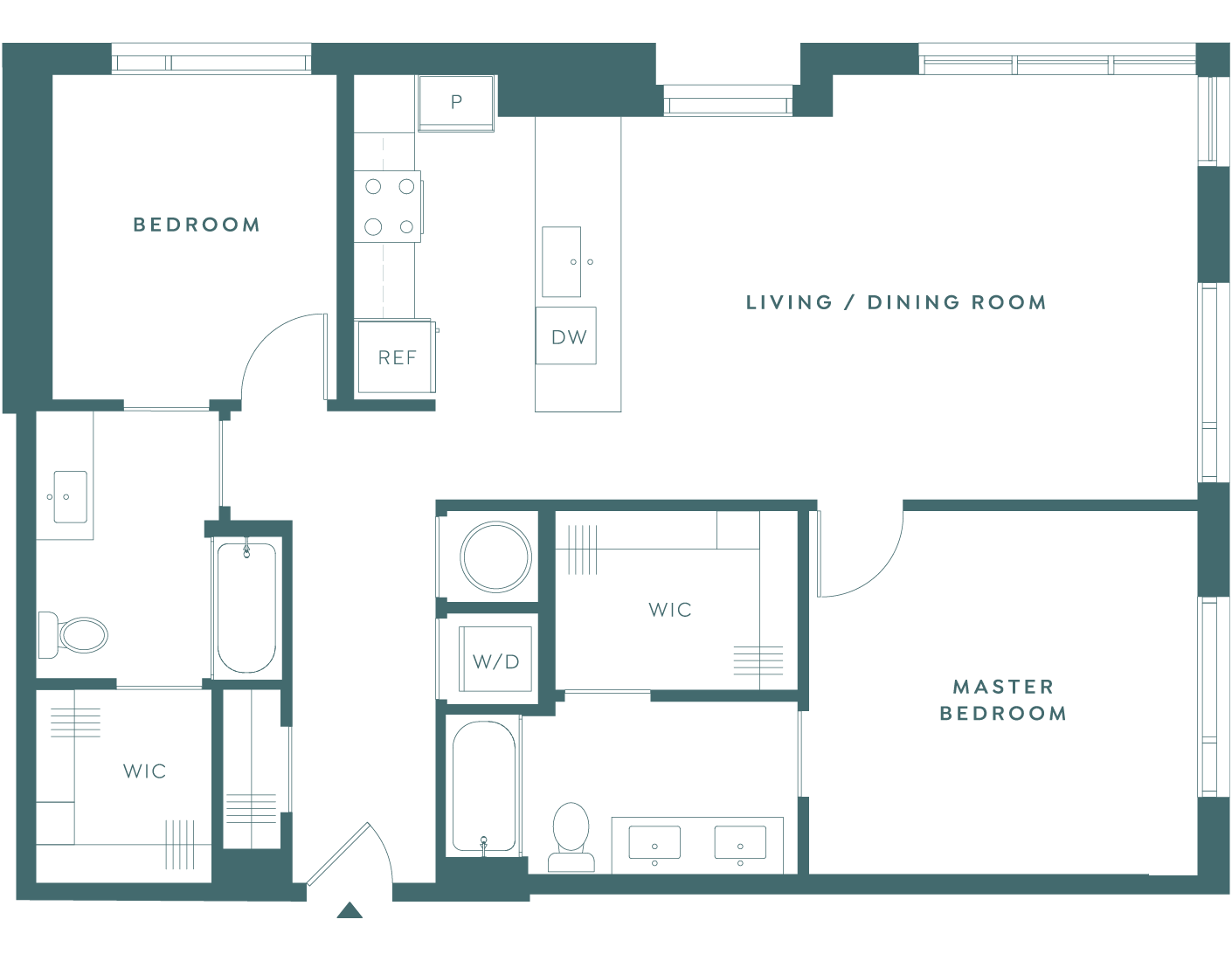 Odeon Grand 2 - 2 bedroom, 2 bath spacious floorplan with large kitchen and walk-in closets in both rooms.