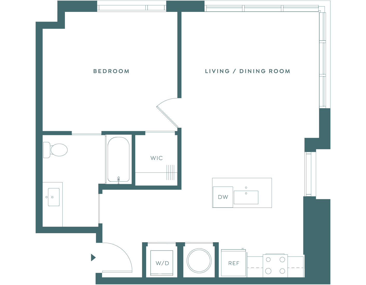 Odeon Luxe One bedroom, one bathroom floorplan.