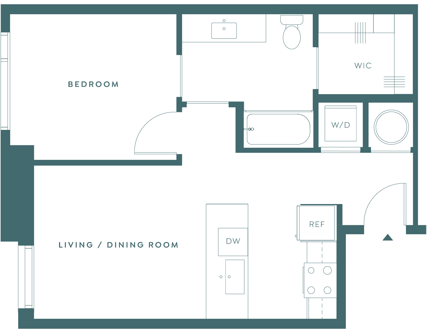 Odeon Paragon one bedroom, one bath floorplan.