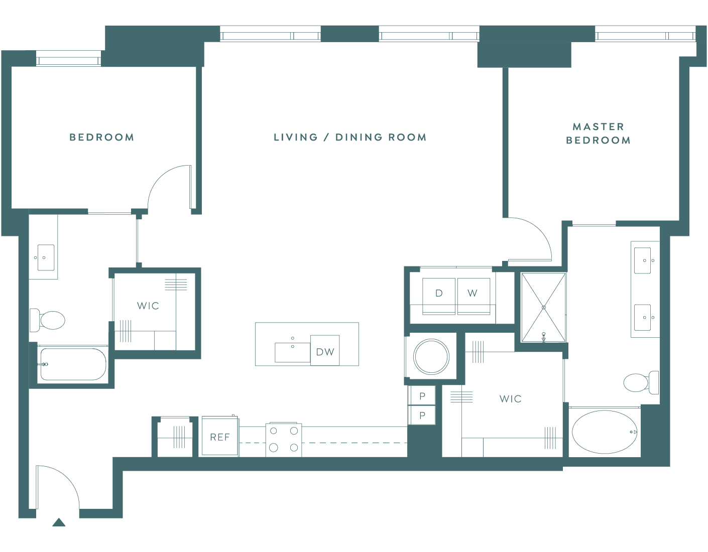 Odeon - Penthouse F - 2 bedroom, 2 bathroom floorplan. Large bedrooms and massive master walk-in closet.