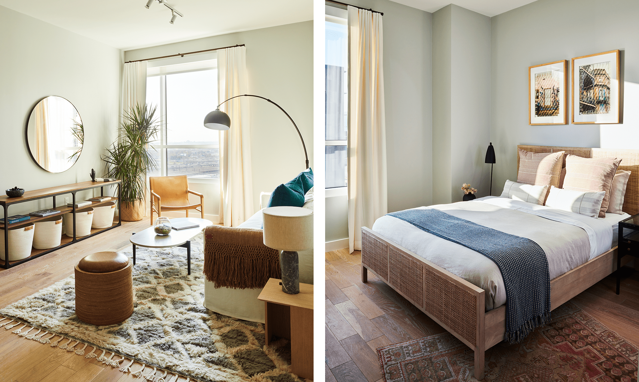 A side-by-side view of a bedroom and living room with ample natural light and a modern, bohemian styled space.