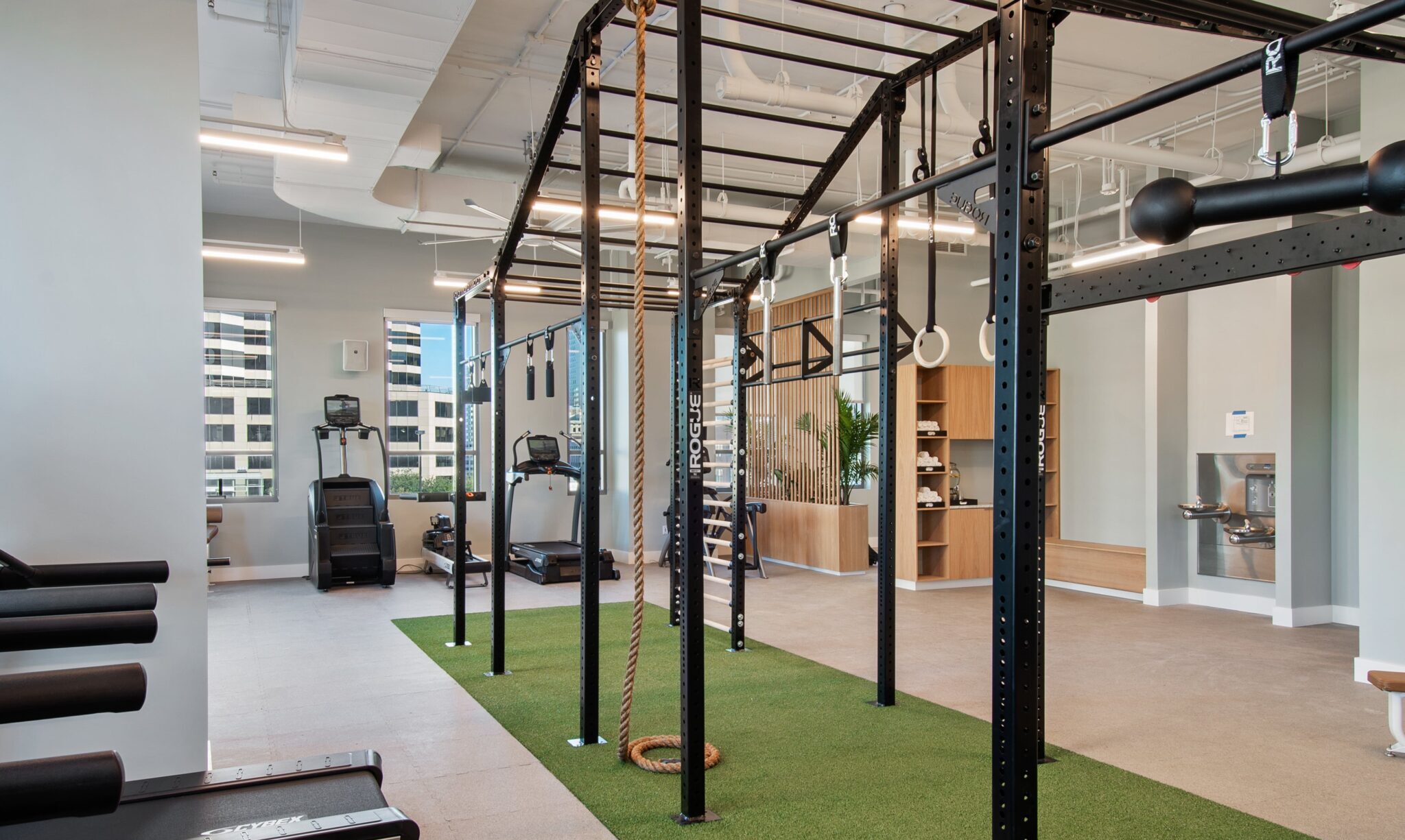 Fitness Center at The Odeon featuring cardio equipment and a Rogue Monster Lite Monkey Rig, in a clean, bright space.